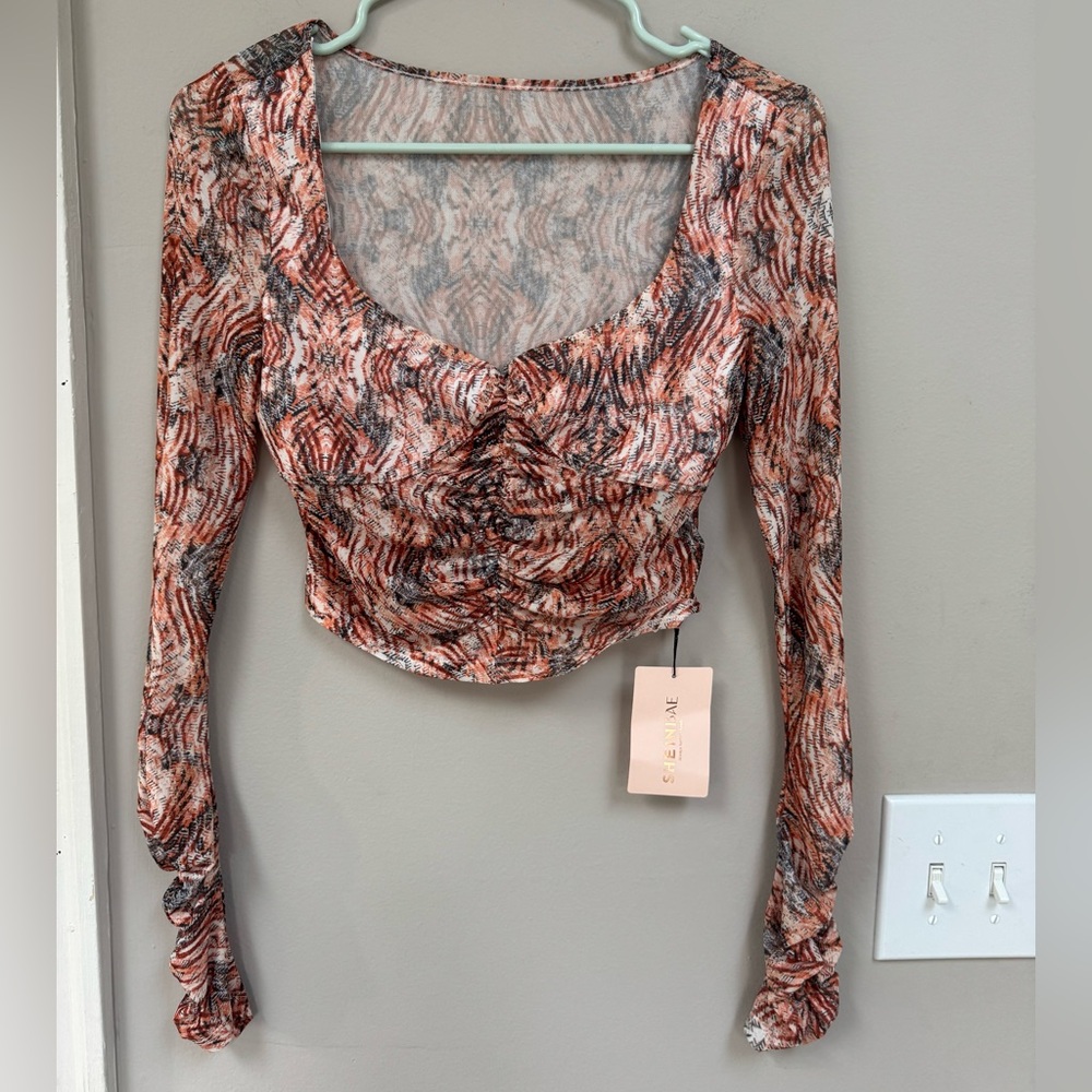 NWT SHEIN BAE ✨ Ruched Mesh Crop Top Small- Sheer Party Top